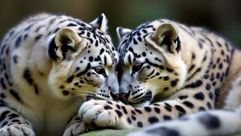 Two snow leopards caressing each other