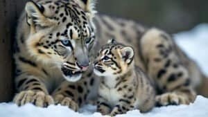 A Snow Leopard Mother Teaching Her Cubs Survival Skills