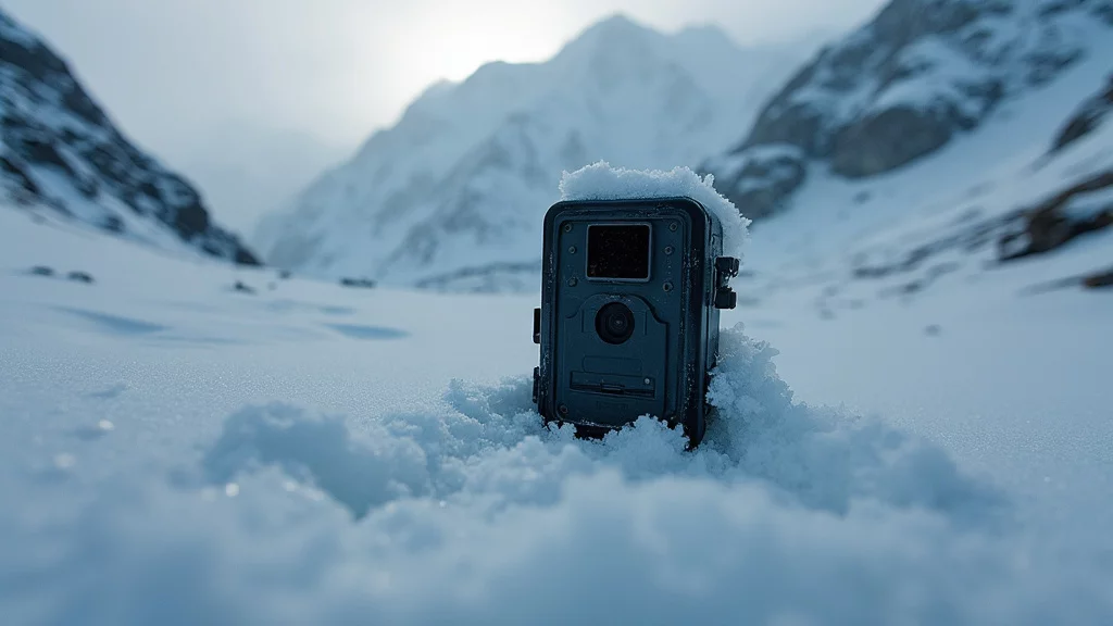 A close-up of a camera trap hidden in the snow in a mountainous landscape