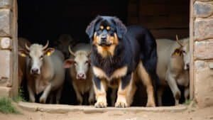 Tibetan Mastiff guarding livestock in a Tibetan stone stable