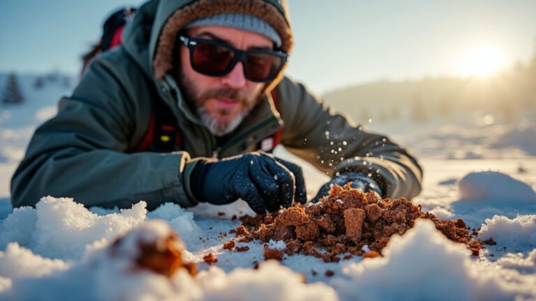 A scientist with sunglasses studying food remains of an animal in a snowy landscape