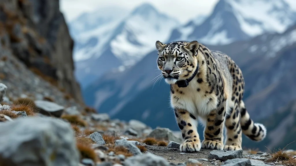 A snow leopard wearing a GPS collar, walking along a rugged mountain terrain, with a backdrop of snow-covered peaks and steep cliffs