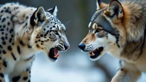 A very close-up of a snow leopard facing off against a wolf in an aggressive manner