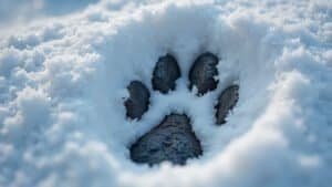 A very close-up of a snow leopard's footprint in the snow